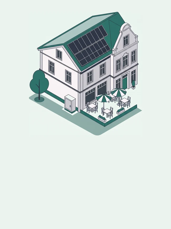 Illustration: Historisches Hotel mit dachparalleler Photovoltaik und Speicher