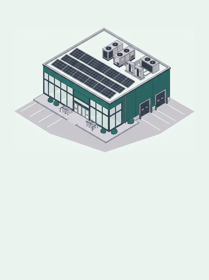 Illustration: Supermarkt mit Kühlhalle und Photovoltaik auf dem Dach