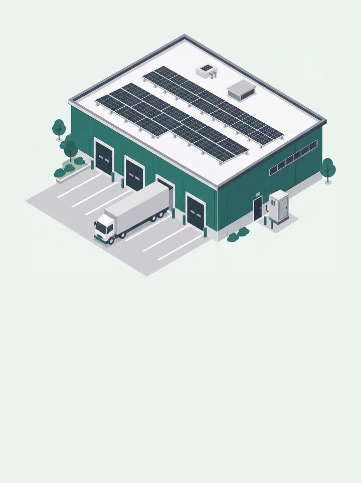 Illustration: Logistikhalle mit Photovoltaik auf dem Flachdach