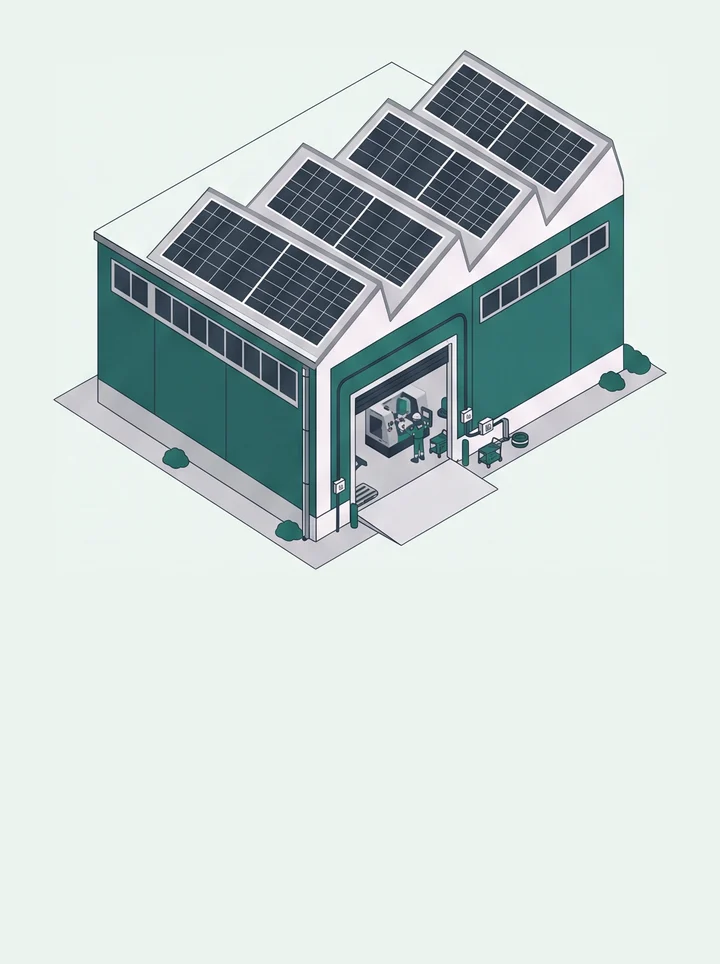 Illustration: Produktionsbetrieb mit Photovoltaik auf den Hallendächern