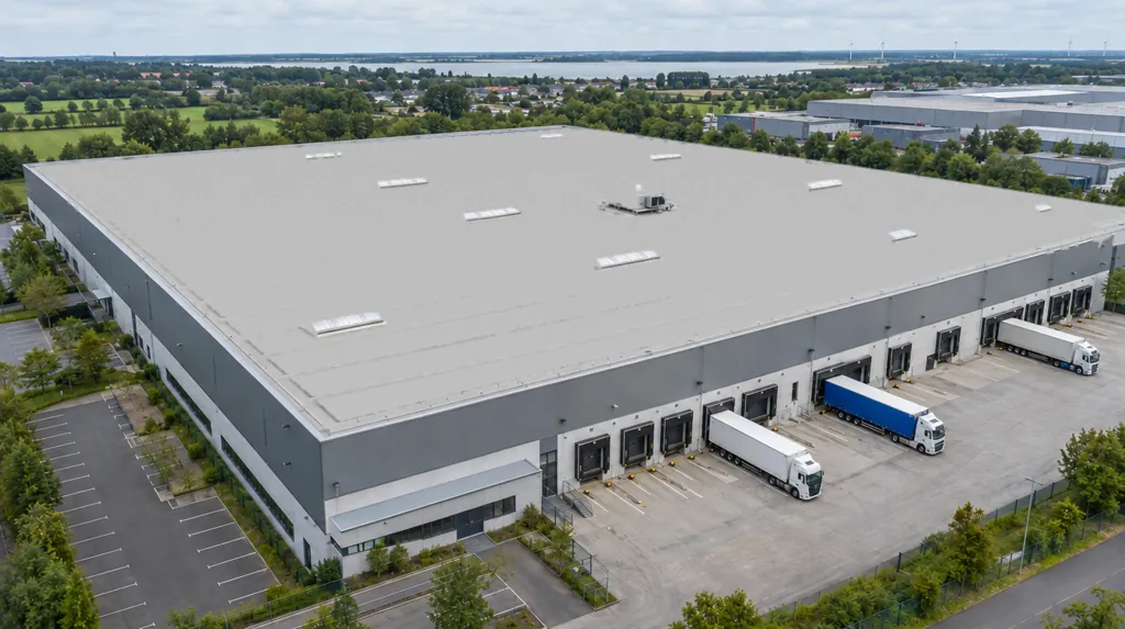 KI-generiertes Beispielbild: Logistikhalle, deren Dach sich passend zur Anlagengröße mit Solarmodulen füllt