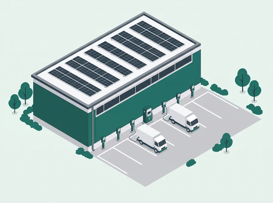 Illustration: Ladepunkte für E-Transporter auf einem Firmenparkplatz