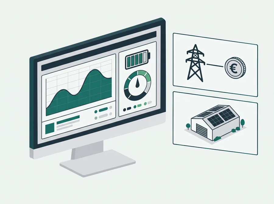Illustration: Monitoring-Dashboard mit Anbindung an Anlage und Stromnetz