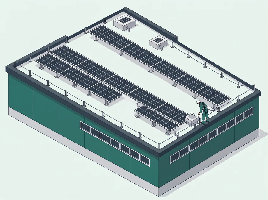 Illustration: Absturzsicherung am Rand eines Flachdachs mit Solarmodulen