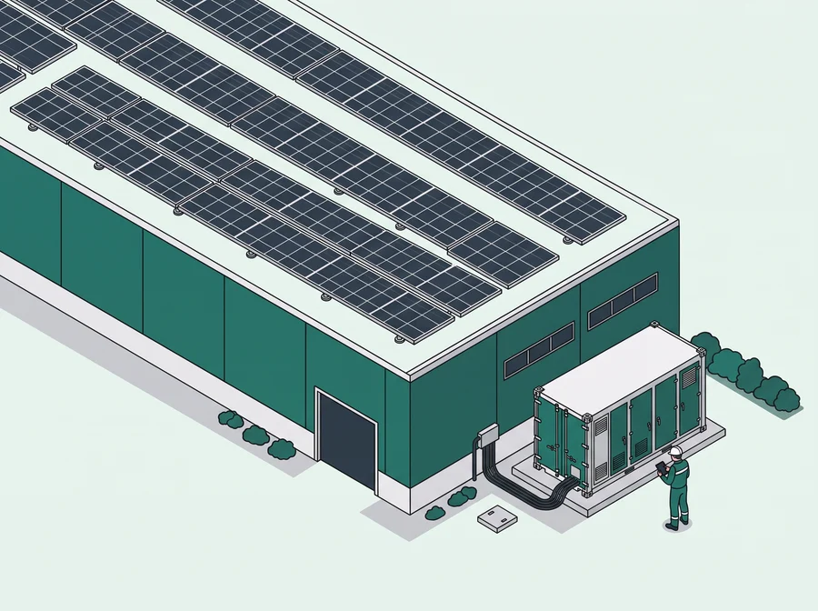 Illustration: Großspeicher im Container neben einer Halle
