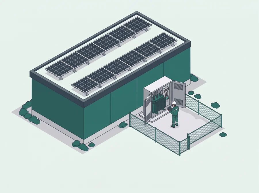 Illustration: Kompakte Trafostation neben einer Halle mit Solardach